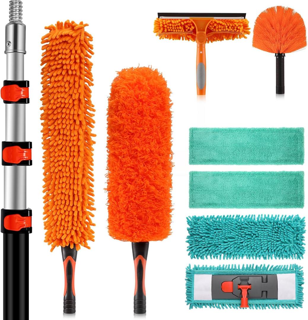 20ft High Ceiling Duster Kit with 4-12ft Heavy-Duty Extension Pole, Cobweb Duster, Ceiling Fan Duster, Window Squeegee & Cleaner, Microfiber Duster, Wall Mop for Home High Reach Cleaning