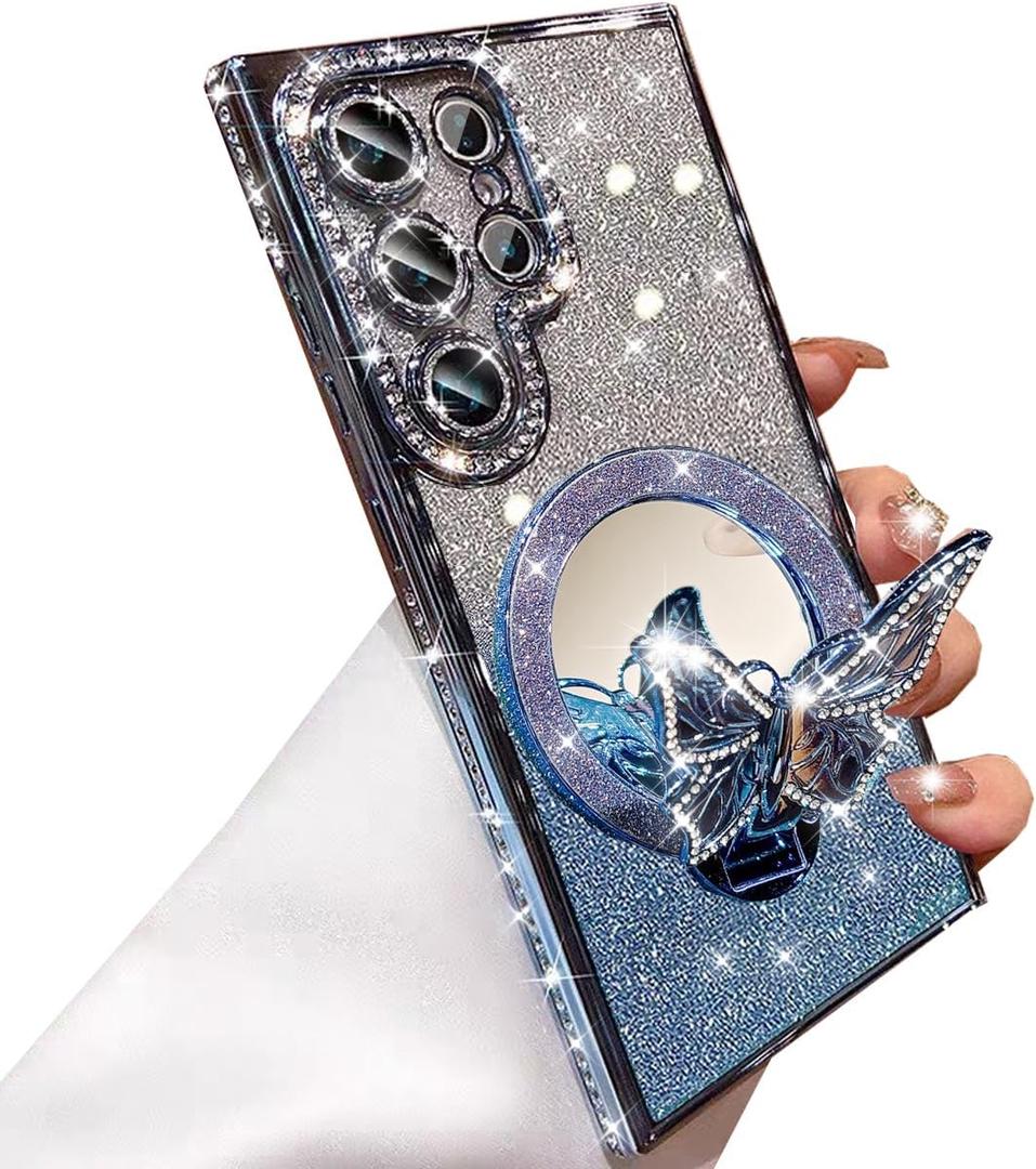 for Samsung Galaxy S25 Ultra Magnetic Kickstand Glitter Case, [Compatible with MagSafe] Bling Sparkly Diamond Butterfly with Camera Protector Makeup Mirror Women Girls Case for S25 Ultra,Blue
