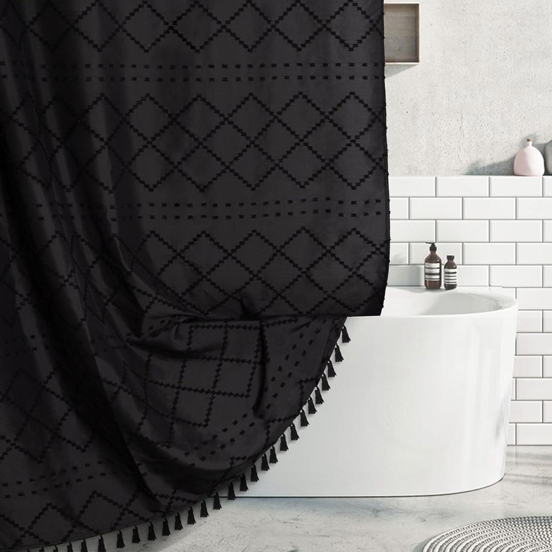 Boho Black Textured Shower Curtain with Tassels 72 x 72 Tufted Chevron Striped Chenille Woven Fabric Cloth Shower Curtain Modern Farmhouse Minimalist, Shabby Chic Home Decor for Bathroom (72"W x 72"L (Pack of 1), Black)
