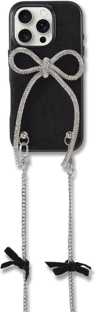 2 x Crossbody Case for iPhone 16 Pro - Black with Stylish Silver Detachable Chain - Big Bow