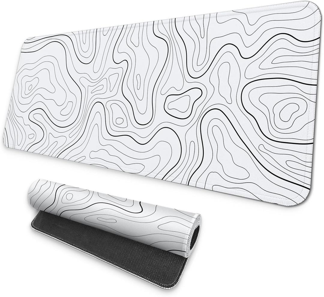MAY FLOWER Large Gaming Mouse Pad, Full Keyboard Mat, Long Laptop Mousepad, Computer Mouse Mat for Home and Office, Anti-Slip Rubber Base, 31.5 x 11.8 Inches (Grey White Topographic Map)