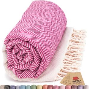 Bazaar Anatolia Turkish Beach Towel 100% Cotton Bath Towels 71x39 Quick Dry Sand Free Lightweight Large Oversized Herringbone Hot Pink Fuscia