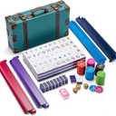 American Mahjong Tile Set 160 Acrylic Tiles with 4 All-in-One Mahjong Tile Racks & Pushers, 12 Zodiac Designs, 4-Layer Colors, 100 Chips, 3 Golden Dice, Vintage Leather Portable Case