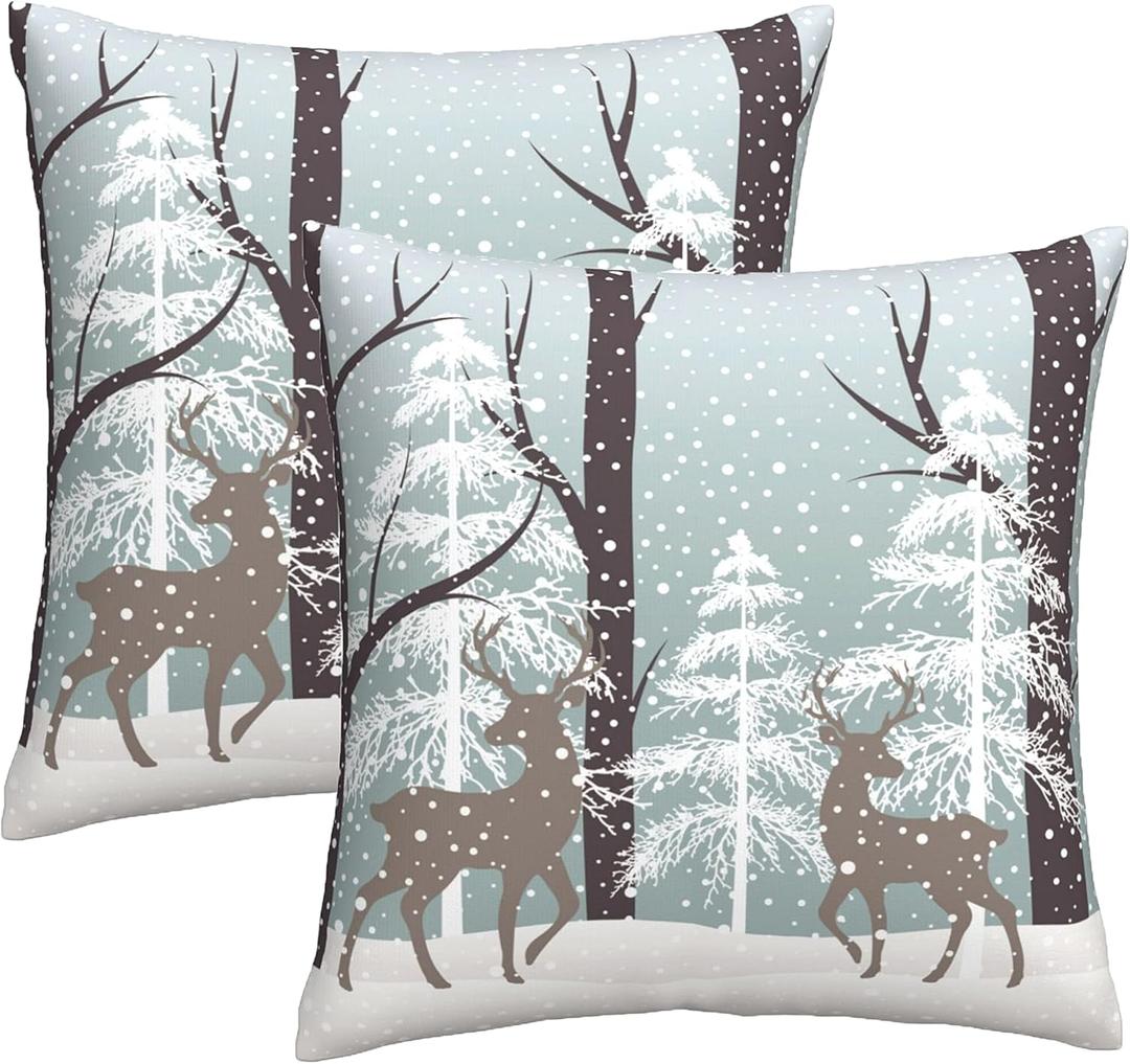 Sweetshow Winter Wildlife Deer Pillow Covers 18x18 Inch Christmas Landscape Deers Snow Tree Ivory Gold Throw Pillows Set of 2 Soft Cotton Pillow Case for Home Sofa Bedroom Livingroom Decor