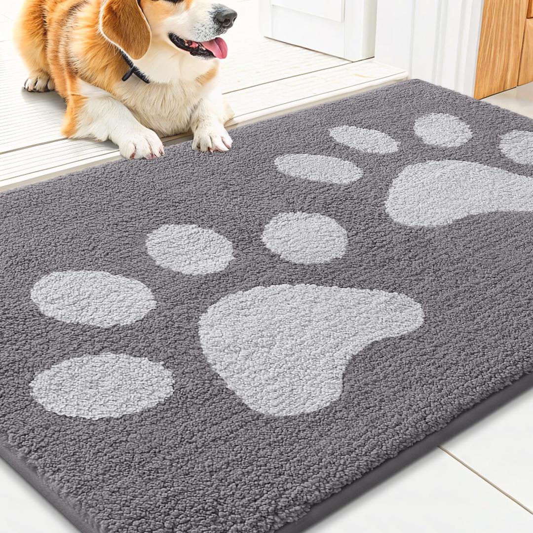 Smiry Dog Door Mat for Muddy Paws, Absorbs Moisture and Dirt, Low-Profile Entryway Mat with Non-Slip Backing, Entry Indoor Outdoor Doormat for Inside Floor (30x20 Inches, Light Grey, Paw)