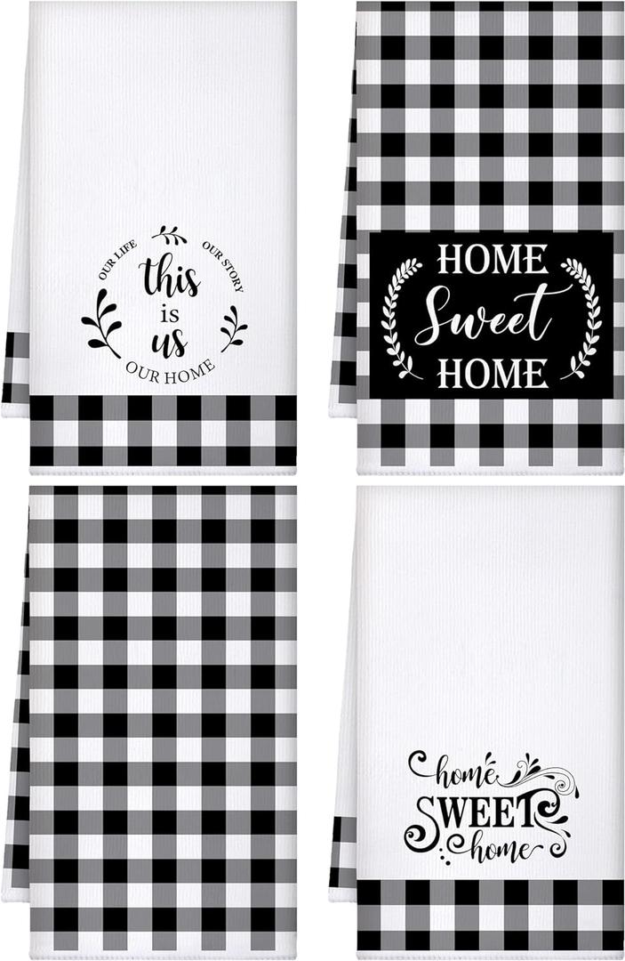 Honoson Christmas Kitchen Towels Ultra Absorbent Dish Quick to Drying Buffalo Plaid Hand Towel Polyester Cleaning Tea Towels for Home Washing Drying Dishes Kitchen Supplies(Black, White,Stylish)