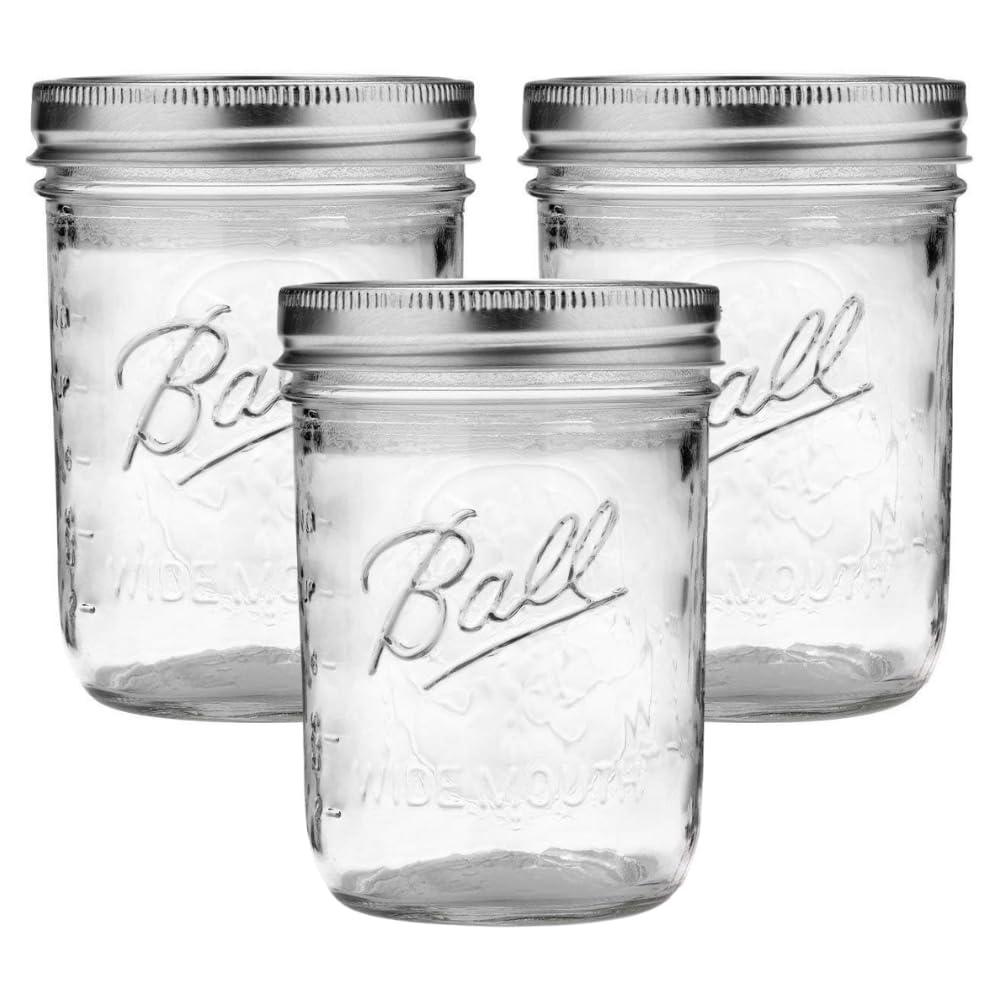 3 x Ball Wide Mouth Glass Mason Jars with Lids and Bands, Used for Canning, Pickling, Juice, Jam, Jelly, Pint Size 16 Ounce (Pack of 3)