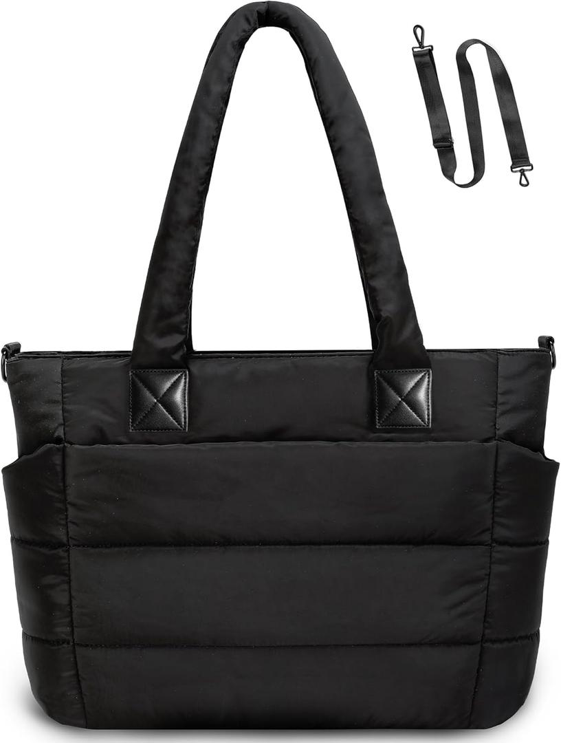 Tote Bag for Women Puffer Tote Bag Large Nurse Bags Shoulder Handbag with Zipper for Work Travel (Black)