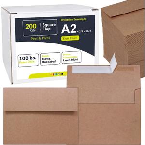 200 Pcs A2 Invitation Envelopes in Kraft Brown Peel & Press Self Seal 4 3/8 x 5 3/4 Square Flap Envelopes RSVP Return Envelopes 100lb. for Announcement Mailing 4x5 Greeting Cards Photo 1/4 Fold Cards