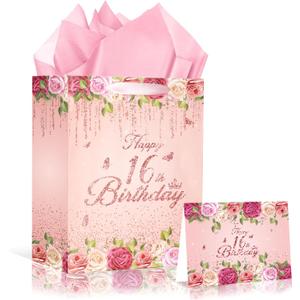 Floral 16th Birthday Gift Bag with 16th Birthday Wrapping Paper and Greeting Card Pink Flower 16 Treat Candy Goodies Paper Bag with Handle for Girls Happy 16 Bday Decorations Party Favor Supplies