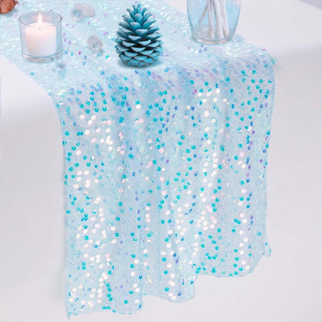 Light Baby Blue Sequin Table Runner 1 Piece 10 Ft (17x120 Inch) - for Dessert Table or Multiple Kids Tables Iridescent Runner for Frozen Mermaid Princess Unicorn Ocean Birthday Party Decor