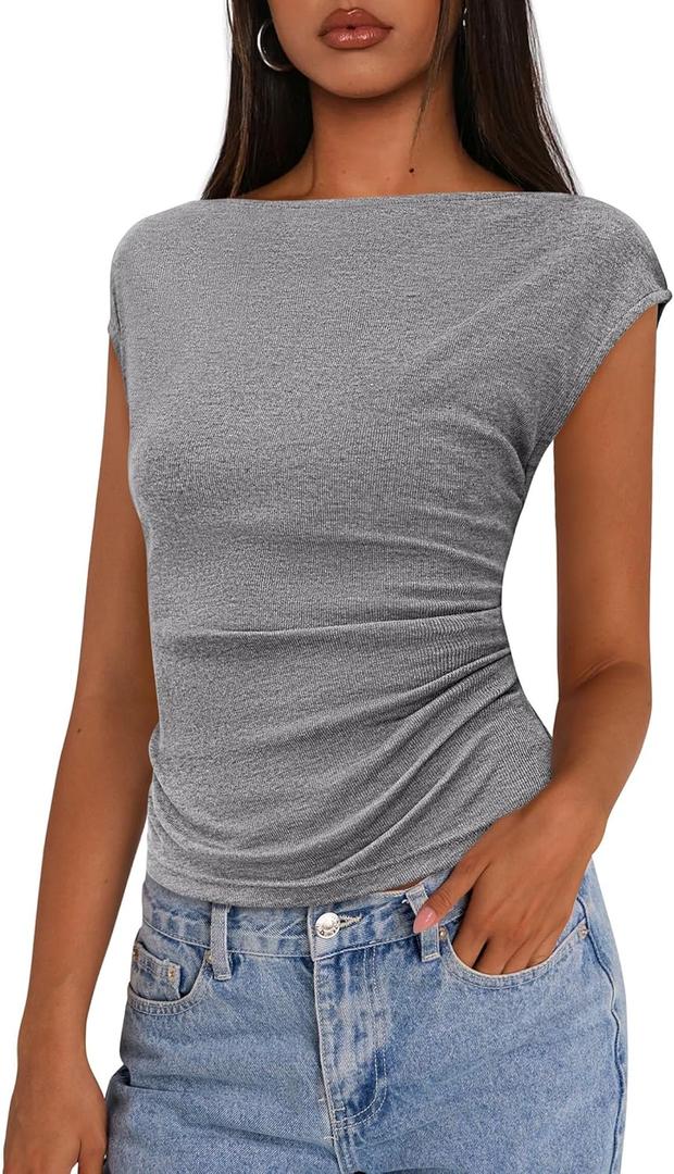PRETTYGARDEN Women's Ruched Crop Tank Tops 2025 Summer Trendy Cap Sleeve Ribbed Knit Basic Fitted Going Out Tee Shirts (Grey,Medium)