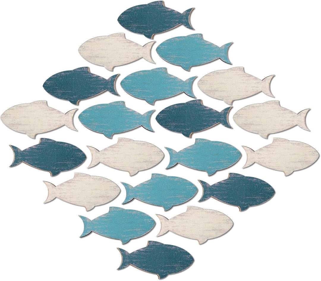 Weysat 20 Pcs Wooden Fish Wall Decor Nautical Coastal Wood Wall Art Nursery Beach Wood Art Wooden Lake House Decor for Home Bathroom Outdoor Decoration(Fresh Color)