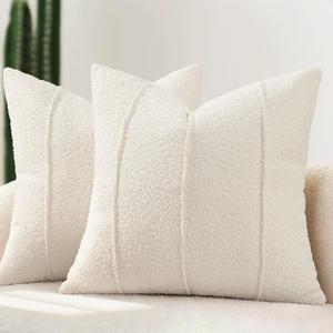 YCOLL Textured Boucle Throw Pillow Covers 18x18 Pack of 2 - Soft Neutral Striped Cushion Covers, Cozy Accent Decorative Pillow Covers for Couch, Sofa, Bed, Living Room (Ivory)