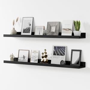 Floating Shelves for Wall, 36 inch Solid Wood Picture Ledge Shelf, Picture Shelf for Wall with Ledge, Floating Book Shelves for Living Room Bedroom Kitchen Nursery Decor, Black, Set of 2