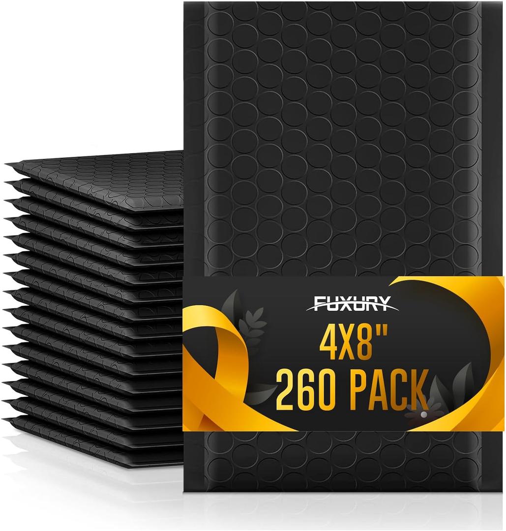 Fuxury 4x8 Bubble Mailer 260 Pack Black Padded Envelopes for Mailing, Small Bubble Mailers Usable Size 4x7" Padded Envelopes Self-SealPadded Mailers for Small Business Shipping Bulk#000