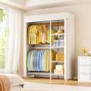 ULIFHOME F2C Clothes Rack with Cover, Clothing Racks for Hanging Clothes, Heavy Duty Garment Rack with Shelves and Hanger Rods, White Closet with Beige Cover, 47.2" W x 16.5" D x 78.3" H, Load 630lbs