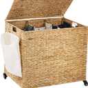 Laundry Hamper with Wheels, 52.8 Gallon(200L) Water Hyacinth Laundry Basket with Lid, 3-Section Wicker Clothes Hamper with 3 Removable Liners, Laundry Sorter with Side Pocket, Natural, 31.5"L x 15.75"W x 25.6"H