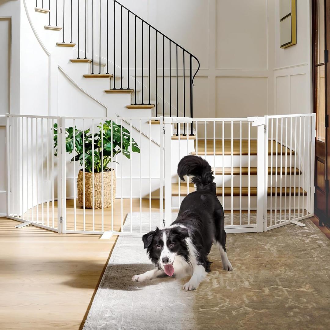 Snagle Paw Extra Wide Dog Gate,Free Standing Dog Fence with Door, Up to 104 Inch Wide Pet Gate with Support Feet for Stairs, Hallways, Doorways, Yard (White, 4 Panels)