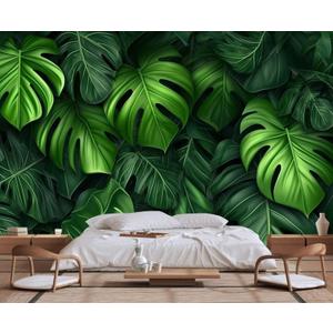 Tropical Green Leaves Background Mural, Large Wall Background Wallpaper, Decorate The Bedroom, Bathroom, Living Room Walls(Non-self-Adhesive)