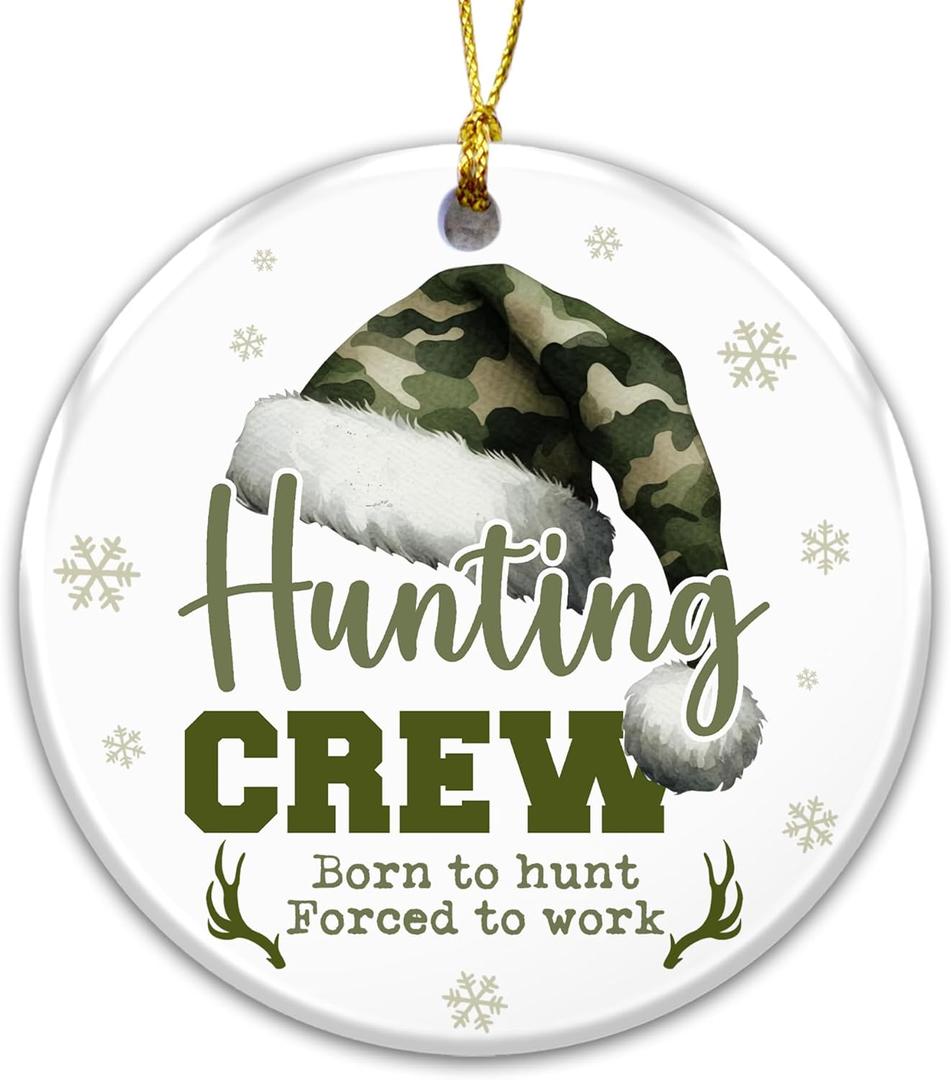 2 x Hunting Crew Ornament 2025  Born to Hunt Forced to Work Funny Hunter Ornament for Men, Dad, Husband, or Grandpa  Camo Santa Hat Deer Antler Design, Outdoor Sportsman Christmas Ornament, Rustic Gift