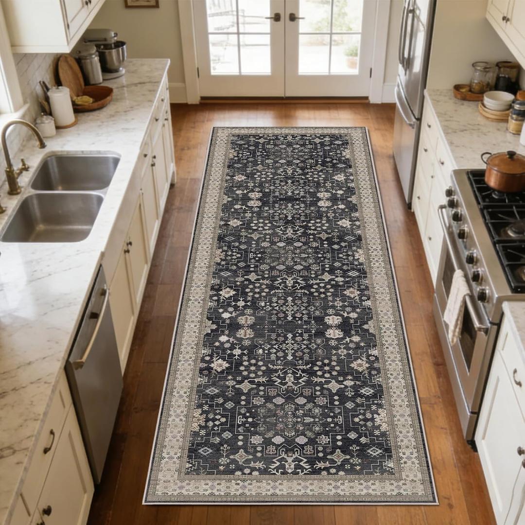 Washable 2'6" x 8' Runners for Hallways, Non-Slip Stain Resistant Long Floor Runner for Kitchen, Entryway Indoor, Soft Vintage Boho Rubber Backing Decor Rug (Charcoal Blush Ivory)