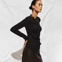 URBAN REVIVO Long Sleeve Asymmetrical Tops for Women Ruched Slit Fitted Basic Tees Y2k Going Out Tunic Shirts (Black, S)