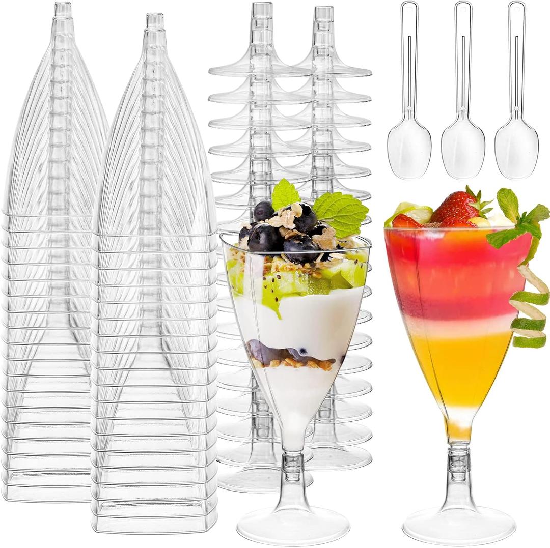 Foraineam 100 Pack Clear Dessert Cups with Spoons, Plastic Wine Glasses, 7 oz Plastic Champagne Flutes Cocktail Glasses Mousse Cups, Reusable Stemmed Cup for Champagne, Parfait, Dessert, Appetizer