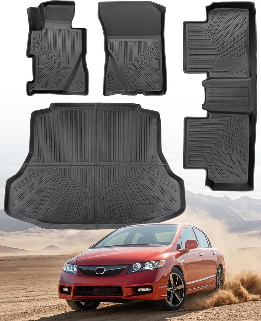 Car Floor Mats for Honda Civic: 2006 2007 2008 2009 2010 2011 All Weather Rubber Black Trunk Liner Full Set Mats Fit for 5-Seat 8th Gen Civic Si Sedan (Not Fit Coupe) TPE Cutsom Automotive Accessories