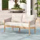 Christopher Knight Home Katarina Patio Acacia Wood Loveseat Furniture, Outdoor Loveseat Sofa with Comfy Fabric Cushions, 2-Seater Sofa with Handwoven Rope Backrest for Garden, Light Brown+Beige