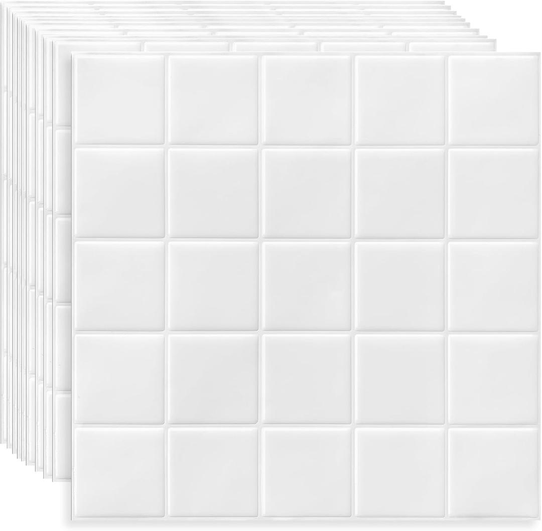 DEWOO Square White Peel and Stick Backsplash Tiles Self Adhesive Subway Checkered for Kitchen Bathroom Wall (10-Sheet,12"12")