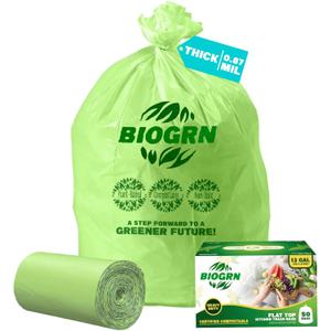 10-13 Gallon Compostable Trash Bags with Flat-Top 50 Bags Thick 0.87 Mil Leakproof Plant-based Tall Kitchen Wet Food Scrap Waste, ASTM D6400, US BPI and OK Compost Home Certified