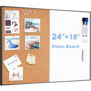 ARCOBIS Cork Board White Board Combo, 24 x 18 Inch Bulletin Board, Magnetic Dry Erase Board & Corkboard for Wall, Vision Board for Home, Office, School, Black Frame