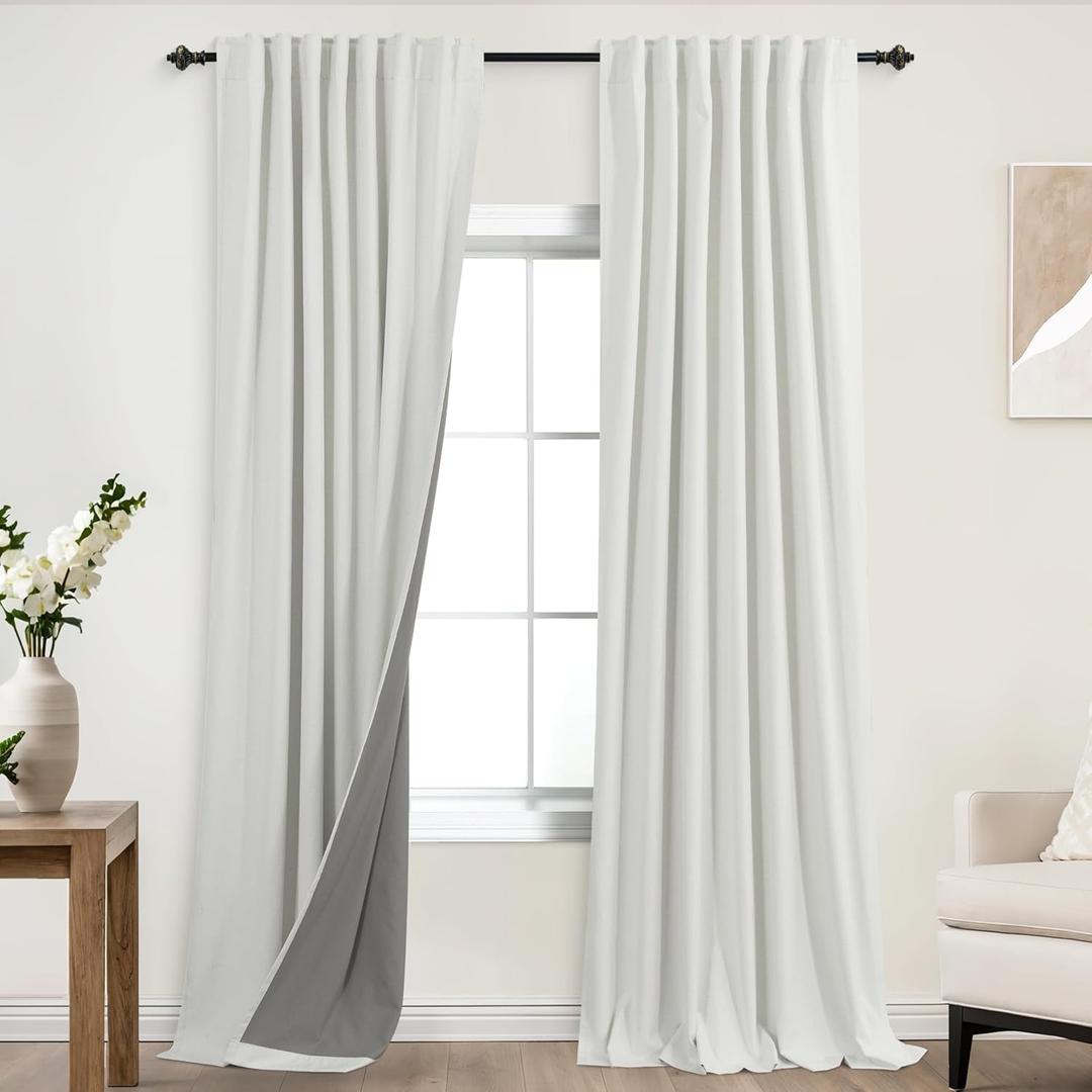 KOUFALL 102 Inch Long Curtains,Blackout Linen Cream Ivory Black Out Pleated Curtains for Living Room 2 Panels Set