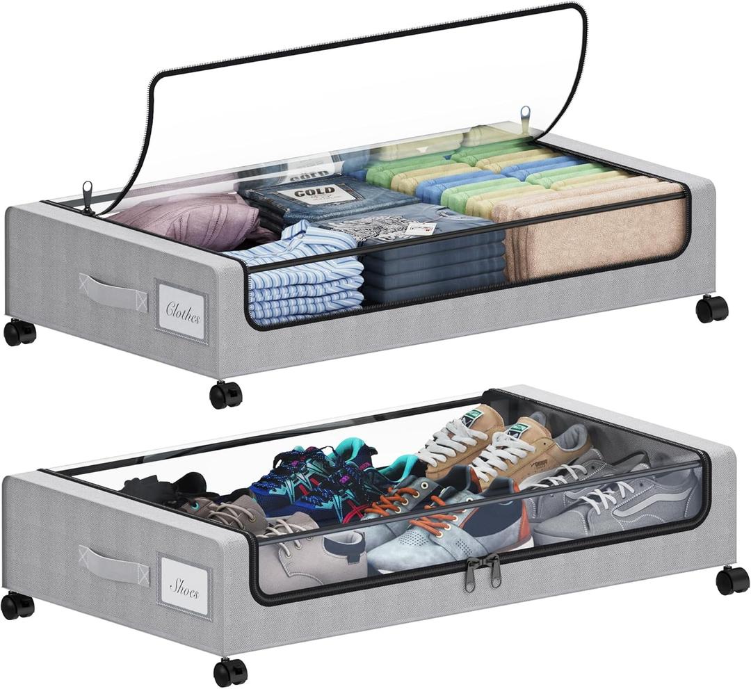 Under Bed Storage with Wheels, XXL 60L Under the Bed Storage Bins, Underbed Storage Containers with Lids & Label, Rolling Metal Drawer for Shoes, Clothes, Books, Toys (2-Pack Gray)