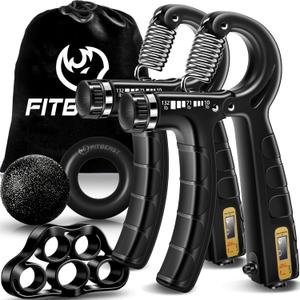FitBeast Hand Grip Strengthener Workout Kit (5 Pack), 2 Forearm Grip Adjustable Resistance Hand Gripper, Finger Stretcher, Grip Ring & Stress Relief Grip Ball for Athletes (Black)