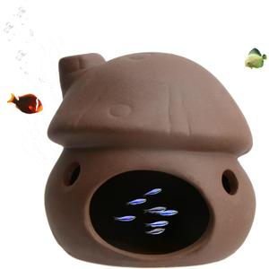 Aquarium Decor Ceramic Mushroom House Ornament Fish Tank Landscape Decoration Pottery Hide Cave Habitat Hut Small Shrimp for Goldfishes to Rest Breed Hiding (Brown)