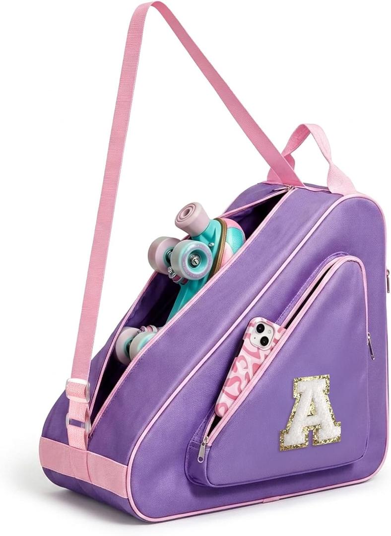 Personalized Initial Skate Bag for Girls & Women, Roller Ice Skates Accessories for Kids Figure Skating, Purple, 15.8" x 15.8" x 9.5"