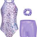 Zaclotre Gymnastics Leotards for Girls Sparkly Sleeveless Clasp Back Dance Leotard Unitards with Tumbling Shorts (9-10 Years, Purple Leopard)