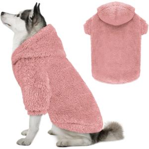 Fuzzy Dog Sweaters for Large Dogs Dog Hoodie Soft Double-Sided Plush Fleece Pet Sweater Clothes Coats Pet Hoodie Sherpa Hooded Sweatshirt(Pink-XL)