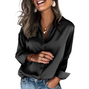 Zeagoo Satin Blouses for Women Silk Button Down Shirts Long Sleeve Business Casual Tops (Black, XL)