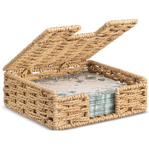 Threehoney Woven Paper Rope Napkin Holder with Lid for Outdoor Picnic Table, Flat Square Napkin Basket for Dinner Kitchen Camping Farmhouse, 7 x 7 Inch