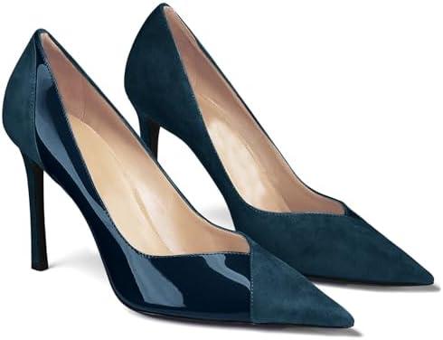 Coutgo Womens Pointed Toe High Heels Pumps Patent Suede Stiletto Heel Slip on Office Party Wedding Dress Shoes, 8, Navy