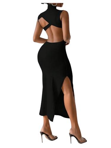 GORGLITTER Women's Backless Maxi Dress Evening Gowns Formal Elegant Classy Cocktail Club Open Back Going Out Sun Dress (Black, Large)