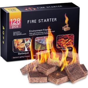 HGD Fire Starter, 128 Mini Square, Natural Fire Starters for BBQ, Campfire, Fireplace, Charcoal, Wood Stove, Chimney, Fire Pit, Grill, Smoker, Indoor Outdoor Use