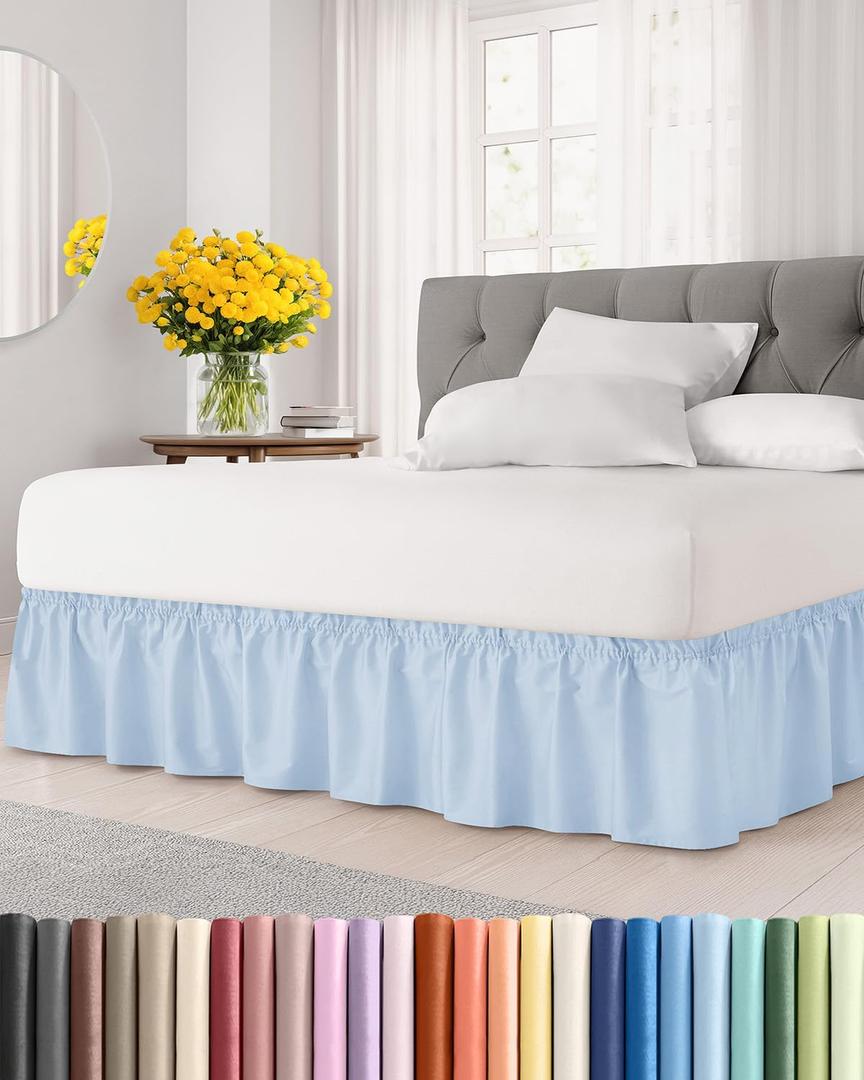 Wrap Around Dust Ruffle Bed Skirt - Sky Blue - for Queen Size Beds w/ 12 Inch Drop - Easy Fit Elastic Strap - Adjustable Pleated Bedskirt w/Brushed Fabric - Wrinkle Free, Women, Men, Kids & Teens