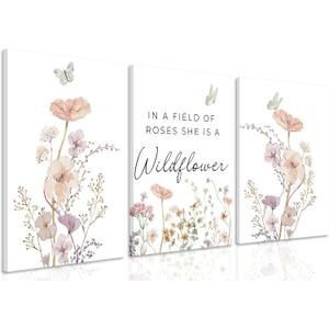 3Pcs Framed Pink Wildflower Wall Art grace Botanical Floral Canvas Posters Prints Inspirational language paintings Flying butterfly pictures Wall Decor for Bedroom Bathroom Living Room Decoration (16x24)