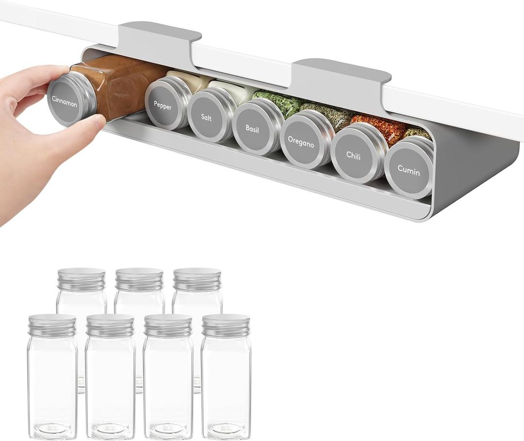 Lifewit Under Cabinet Spice Rack Organizer with 7 Jars, Lables, Under Shelf, Easy Refilling with Silicone Funnel, Seasoning Organizer for Kitchen Storage Solution, Gray