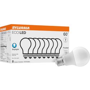 SYLVANIA ECO LED A19 Light Bulb, 60W Equivalent, Efficient 9W, 7 Year, 750 Lumens, Non-Dimmable, Frosted, 5000K, Daylight - 8 Count (Pack of 1) (40883)