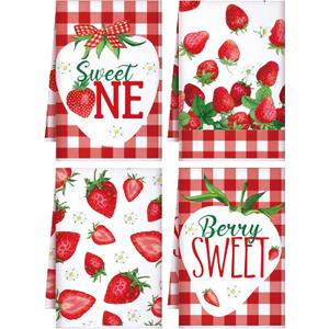Bencailor 4 Pcs Strawberry Kitchen Towels Summer Berry Hand Dish Towels Absorbent White Red Grid Tea Towel Fast Drying Housewarming Gift for Kitchen Bathroom Holiday Summer Strawberry Party Decor